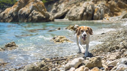 Majestic Brown and White Dog Conquers Rocky Beach