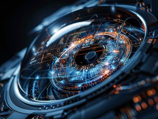 Close-up of an eye with a futuristic contact lens that enables augmented reality, seamlessly integrating digital displays for an enhanced visual experience