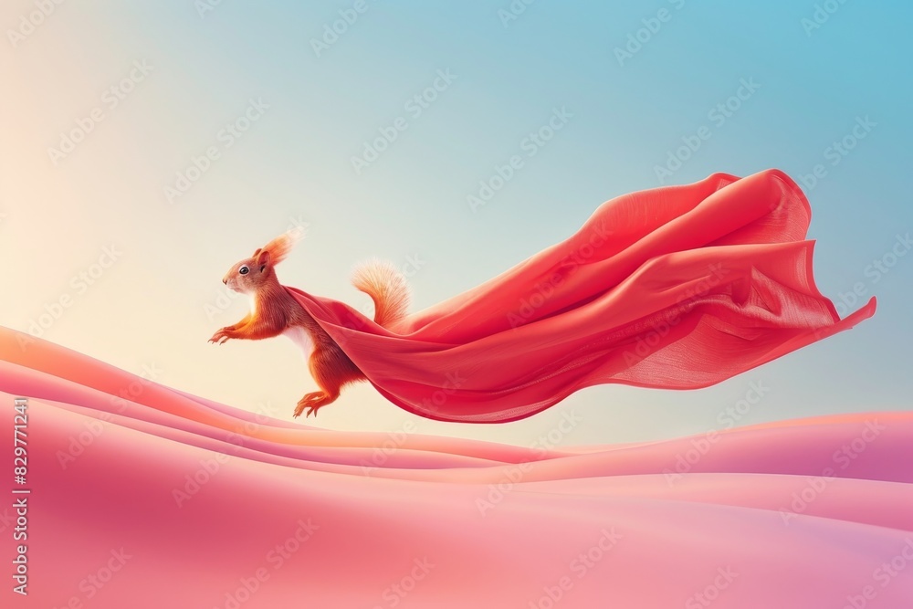 Poster superhero flying squirrel on gradient pastel background with ample space for text placement