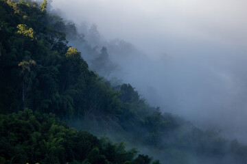 High-angle landscape mountains fog There is space for text.