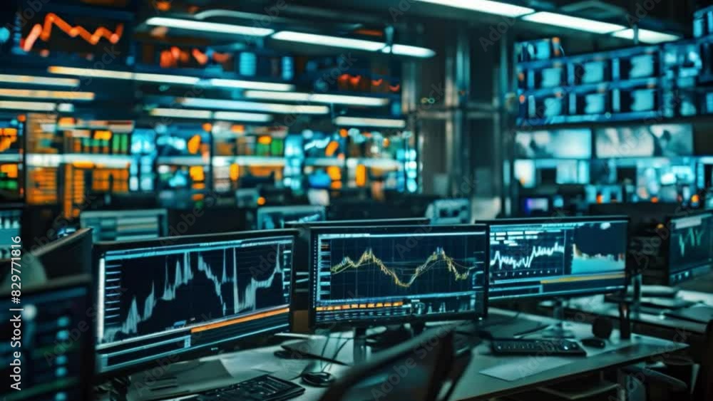 Poster multiple monitors in a modern trading room display financial graphs and data, reflecting a stock mar