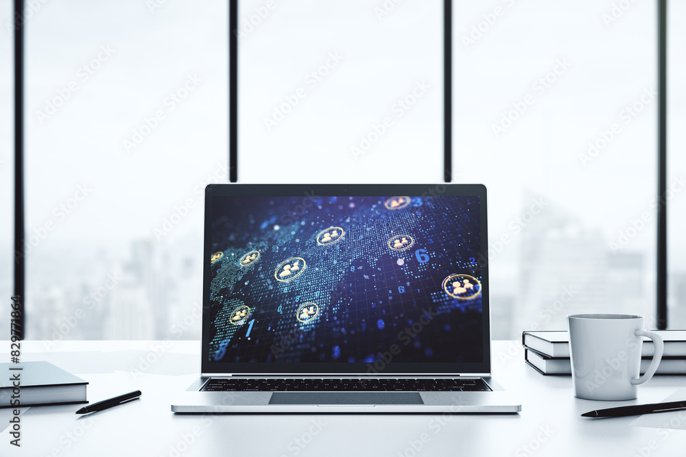 Fototapete modern computer monitor with social network icons concept with world map. marketing and promotion co