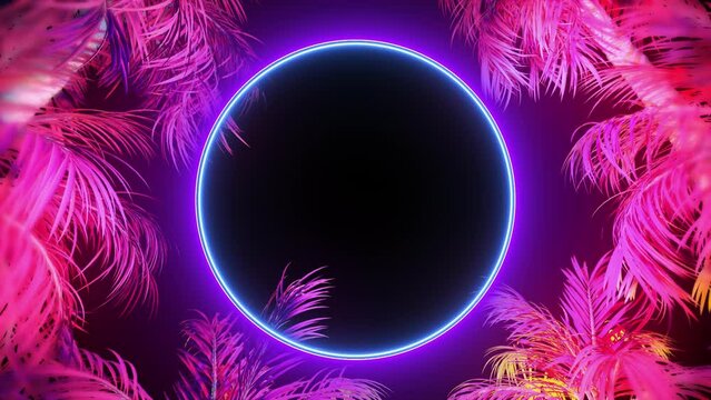 Neon round flickering frame with palm trees on a transparent alpha channel background.