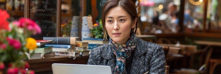 Fototapeta premium Inspiring remote work woman in casual attire at cozy coffee shop with books and plants