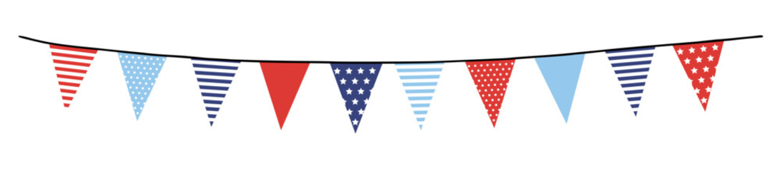 Obraz premium Bunting garland. Party flags with stripes and stars in USA flag colors isolated on background. Vector illustration, web banner. Memorial, labor day. Independence day, 4th July. Birthday, anniversary.