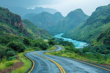 Fototapeta premium the river along with a road going through the border of the road professional photography