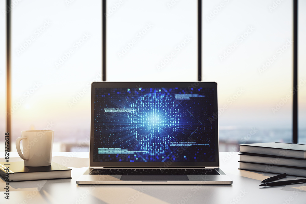 Aufkleber creative code skull sketch on modern laptop monitor, theft of personal data and malware concept. 3d 