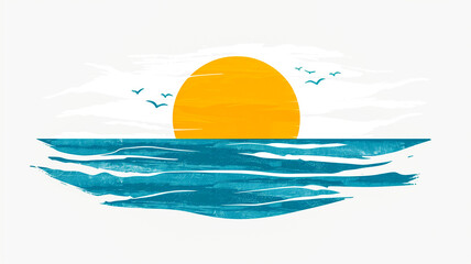 Minimal retro summer illustration with sun, sea and birds on white background