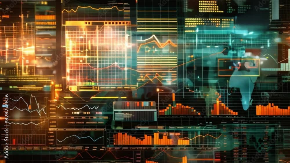 Poster a complex array of charts and graphs displaying real-time financial data analytics, depicting busine
