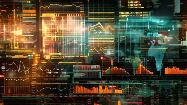 A complex array of charts and graphs displaying real-time financial data analytics, depicting business metrics, trends, and patterns under a dark theme.