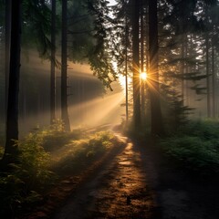 Obraz premium Sunrise in the misty forest with tall trees. Generative AI.