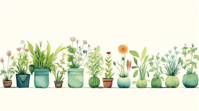 watercolor potted plants, green leaves, white background clip art preview