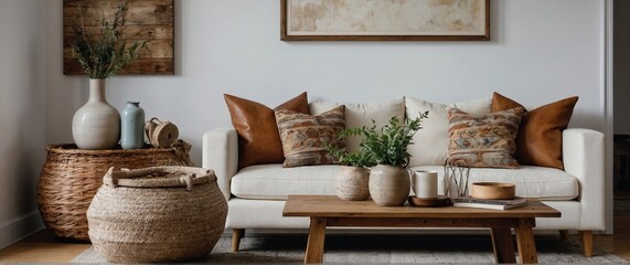 modern living room | rustic coffee table and wicker basket near white sofa