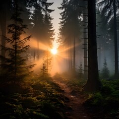 Naklejka premium Sunrise in the misty forest with tall trees. Generative AI.