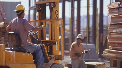 A group of construction workers maneuver a forklift carefully lifting and transporting heavy materials.