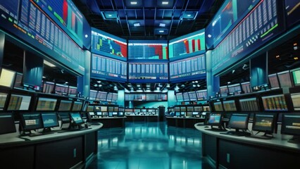 A bustling stock exchange trading floor features numerous electronic displays showing market data and several traders workstations, indicating active trading. - Powered by Adobe