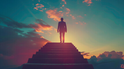 Silhouette of businessman climbing stairs to top