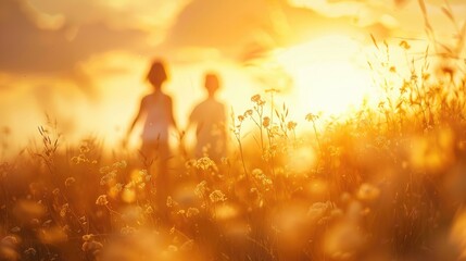 The tranquil scene of a meadow with a golden sky at sunset capturing the blurry image of children walking in the grass