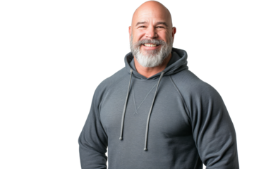 Muscular Bald Middle-Aged Man in Grey Hoodie Smiling on White Background