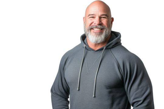 Muscular Bald Middle-Aged Man in Grey Hoodie Smiling on White Background