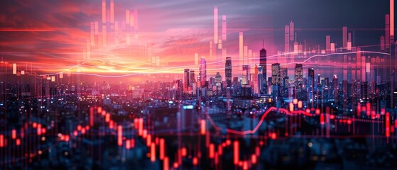 An urban skyline overlaid with financial graphs, symbolizing the intersection of modern city life with global markets and technology.