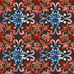 Intricate red and blue baroque-style floral pattern with symmetrical design elements.