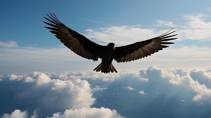 Obraz premium A Soaring Bird Silhouetted Against a Vast Open Sky, Bird Silhouette in the Vastness of the Sky, Soaring Bird Against the Open Sky Captured in Silhouette, Silhouette of a Bird Soaring High in the Open 