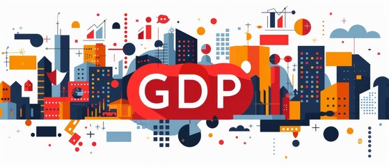 Obraz premium Colorful illustration of GDP growth in urban economy with modern infographic elements and cityscape.