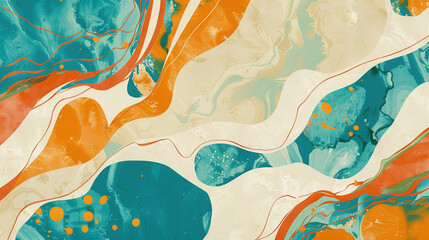 Layers of organic turquoise shapes meld with warm orange tones, complemented by soft beige backgrounds, to create a visually intriguing wallpaper design.