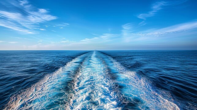 The ship leaves a trace from its movement at sea. The splash of waves from the speed of the boat. Background for travel design.