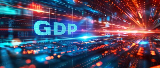 Obraz premium Futuristic digital illustration showcasing GDP with dynamic abstract backgrounds representing economic growth and data visualization.