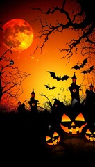 Vibrant halloween scene  pumpkins, bats, ghosts, and haunted houses on orange background
