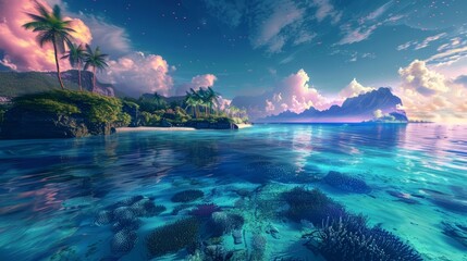Amazing landscape view of an atoll surrounded by crystalclear waters, with vibrant coral reefs and exotic marine life, presented in synthwave color