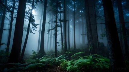 Step into a mystical woodland scene straight out of a fairy tale, immerse yourself in the enchanting beauty of a magical forest, wander through ancient trees draped in moss and mystery, encounter whim