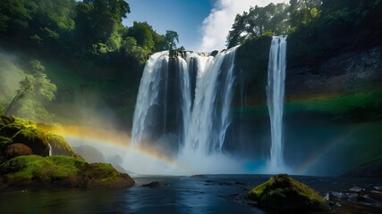 A Stunning Waterfall in a Tropical Setting with Lush Greenery - Capturing Nature's Beauty, Magnificent Tropical Waterfall Amidst Lush Foliage, Discover the Beauty of a Tropical Waterfall in a Lush