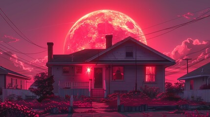 Red moon rising over a suburban house at night.