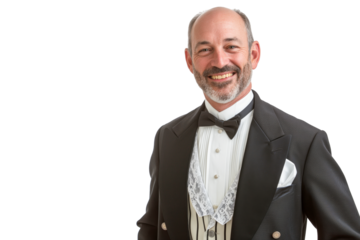 Elderly Man in Formal Tuxedo with Bow Tie on White Background