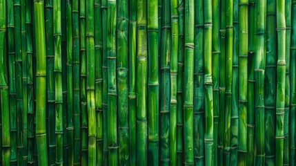 Obraz premium Bamboo green background. Jungle texture wall. Fence made of tropical plants. Template for design with vertical branches.
