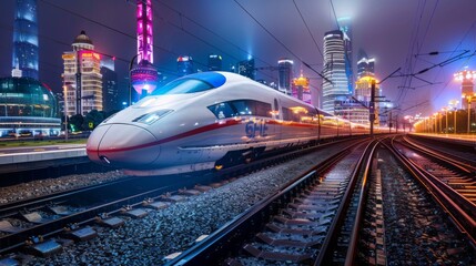 Fototapeta premium A time-lapse of a high-speed train streaking past colorful city lights at night, representing the speed and efficiency of modern rail travel.