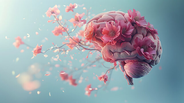 Mental wellbeing concept with brain made from flower bloom blowing in the wind
