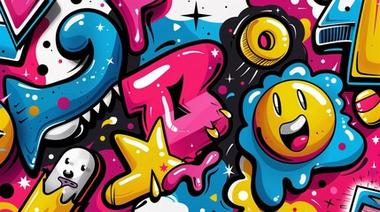 Playful cartoon graffiti art with colorful characters and whimsical shapes