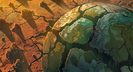 Illustration of a scorched Earth, cracked and dry, suffering under the heat of global warming, - Powered by Adobe