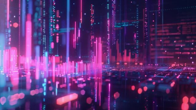 A colorful digital rendering of financial data analytics with neon blue and pink lights depicting graphs and data points, set against a dark background.