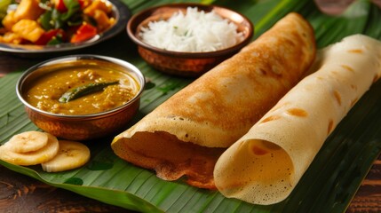 A traditional Indian breakfast featuring dosa, sambar, and coconut chutney on a banana leaf.