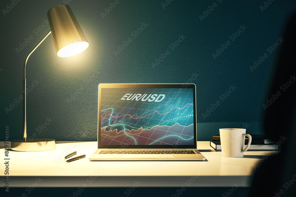 Poster creative euro usd forex graph sketch on modern laptop monitor, strategy and forecast concept. 3d ren