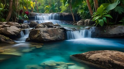 A Stunning Waterfall in a Tropical Setting with Lush Greenery - Capturing Nature's Beauty, Magnificent Tropical Waterfall Amidst Lush Foliage, Discover the Beauty of a Tropical Waterfall in a Lush 