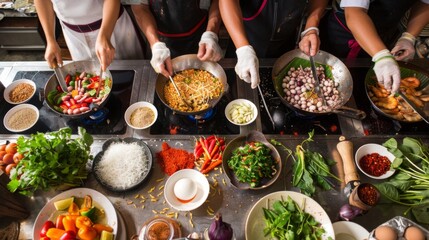 A traditional Thai cooking class with participants preparing dishes at individual stations, with fresh ingredients laid out.