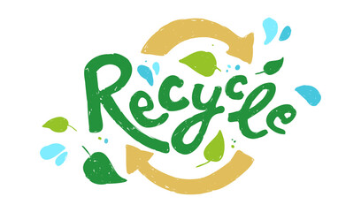 Recycle sign, arrows, leaves, water drops. Ecology, zero waste and sustainability. Vector illustration isolated on white background