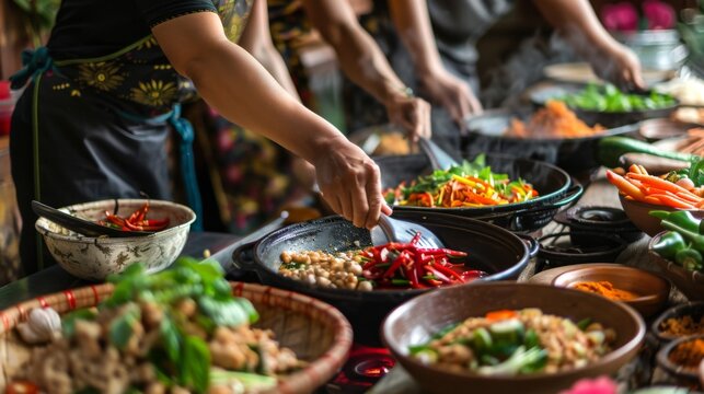 A traditional Thai cooking class with participants preparing dishes at individual stations, with fresh ingredients laid out.