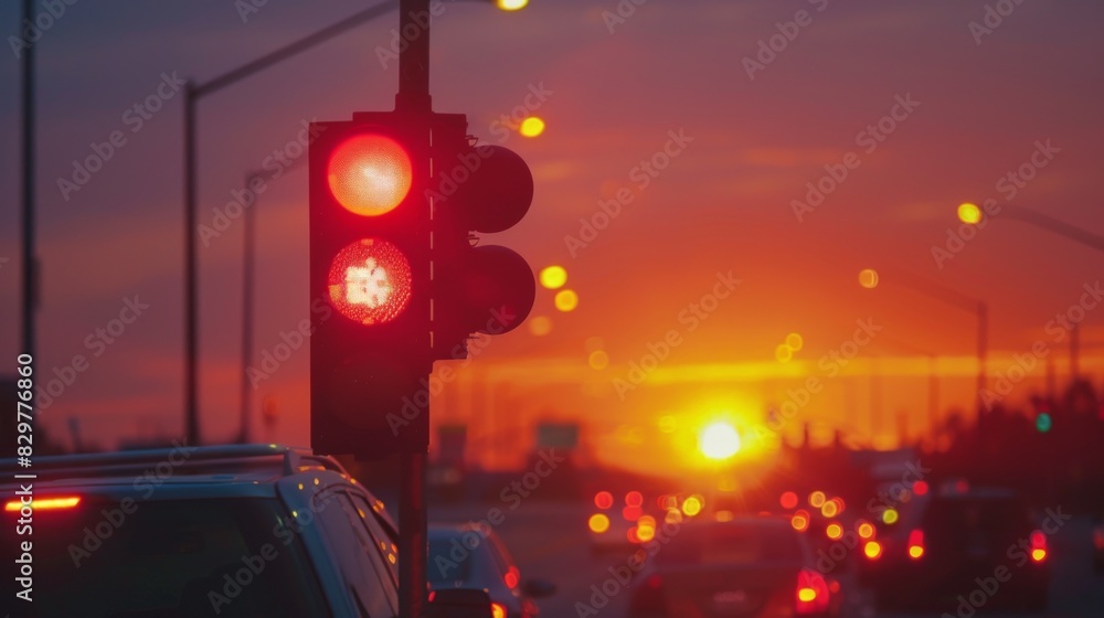 Poster a traffic light at a busy intersection during sunset, with warm hues illuminating the scene.